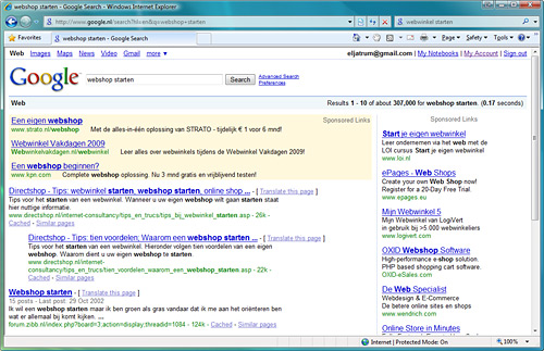 Google Adwords; bovenaan en rechts van de zoekresultaten Google Adwords