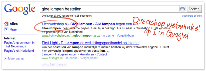 Lichtwebshop in de Google zoekresultaten